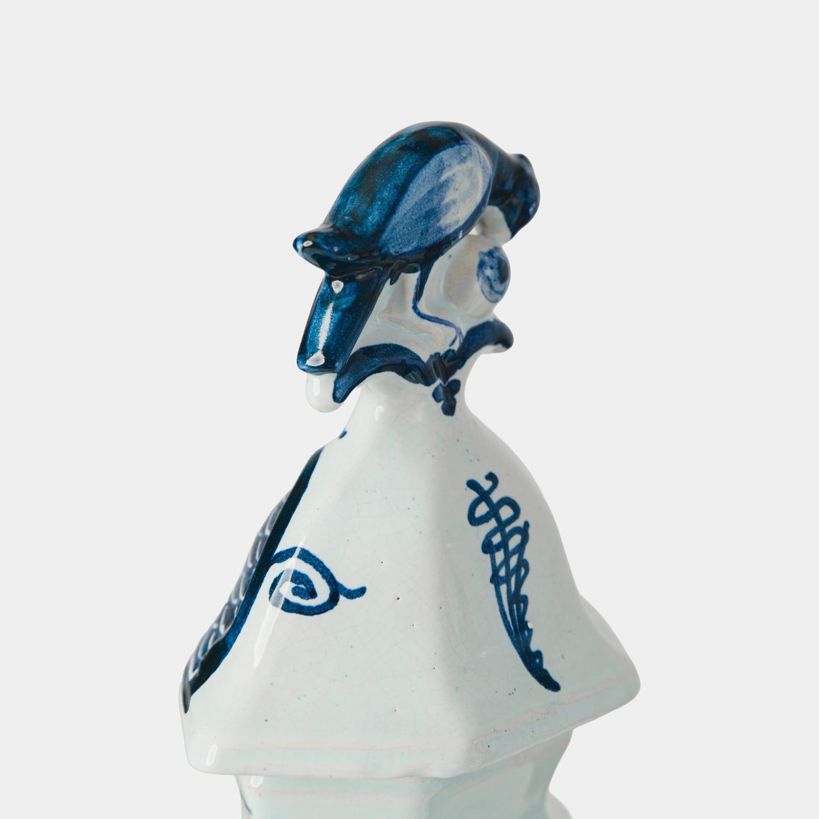 Antique Delft Vases in cobalt blue with lid and bird finial, hand-painted hexagonal bodies with Dutch scenes and blue underglaze mark on the base.