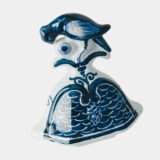 Antique Delft Vases in cobalt blue with lid and bird finial, hand-painted hexagonal bodies with Dutch scenes and blue underglaze mark on the base.