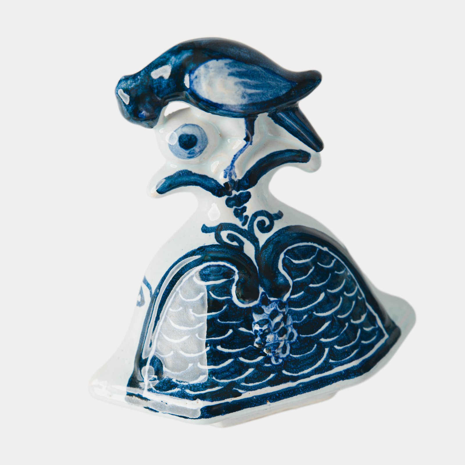 Antique Delft Vases in cobalt blue with lid and bird finial, hand-painted hexagonal bodies with Dutch scenes and blue underglaze mark on the base.