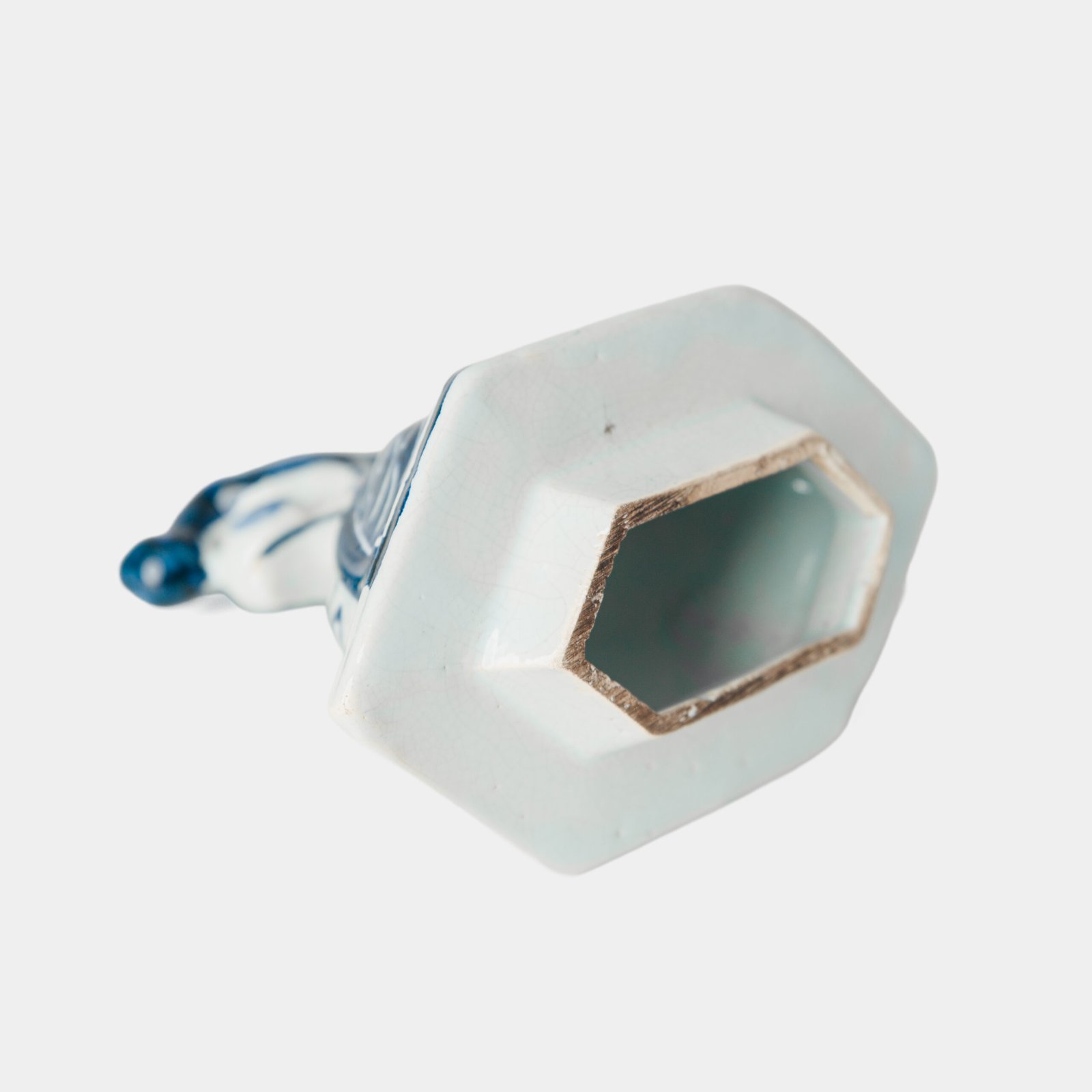 Antique Delft Vases in cobalt blue with lid and bird finial, hand-painted hexagonal bodies with Dutch scenes and blue underglaze mark on the base.