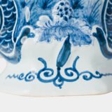 Antique Delft Vases in cobalt blue with lid and bird finial, hand-painted hexagonal bodies with Dutch scenes and blue underglaze mark on the base.