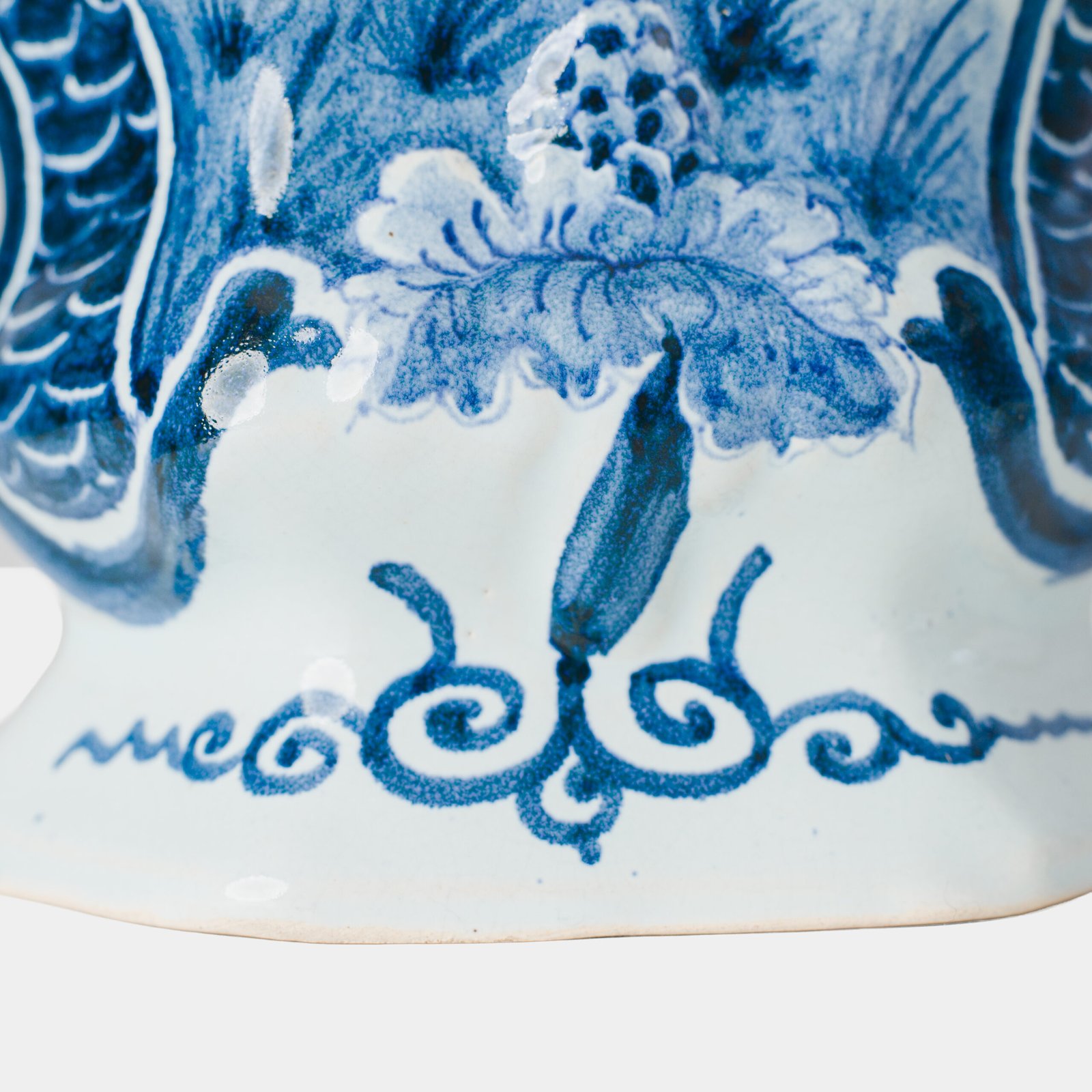 Antique Delft Vases in cobalt blue with lid and bird finial, hand-painted hexagonal bodies with Dutch scenes and blue underglaze mark on the base.