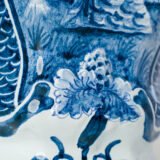 Antique Delft Vases in cobalt blue with lid and bird finial, hand-painted hexagonal bodies with Dutch scenes and blue underglaze mark on the base.