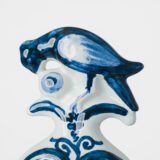 Antique Delft Vases in cobalt blue with lid and bird finial, hand-painted hexagonal bodies with Dutch scenes and blue underglaze mark on the base.