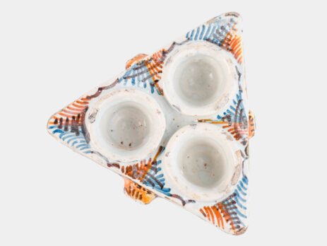 Antique Talavera ceramic triangular spice holder 17th century (1600-1650) Talavera de la Reina Spain hand painted blue ochre manganese