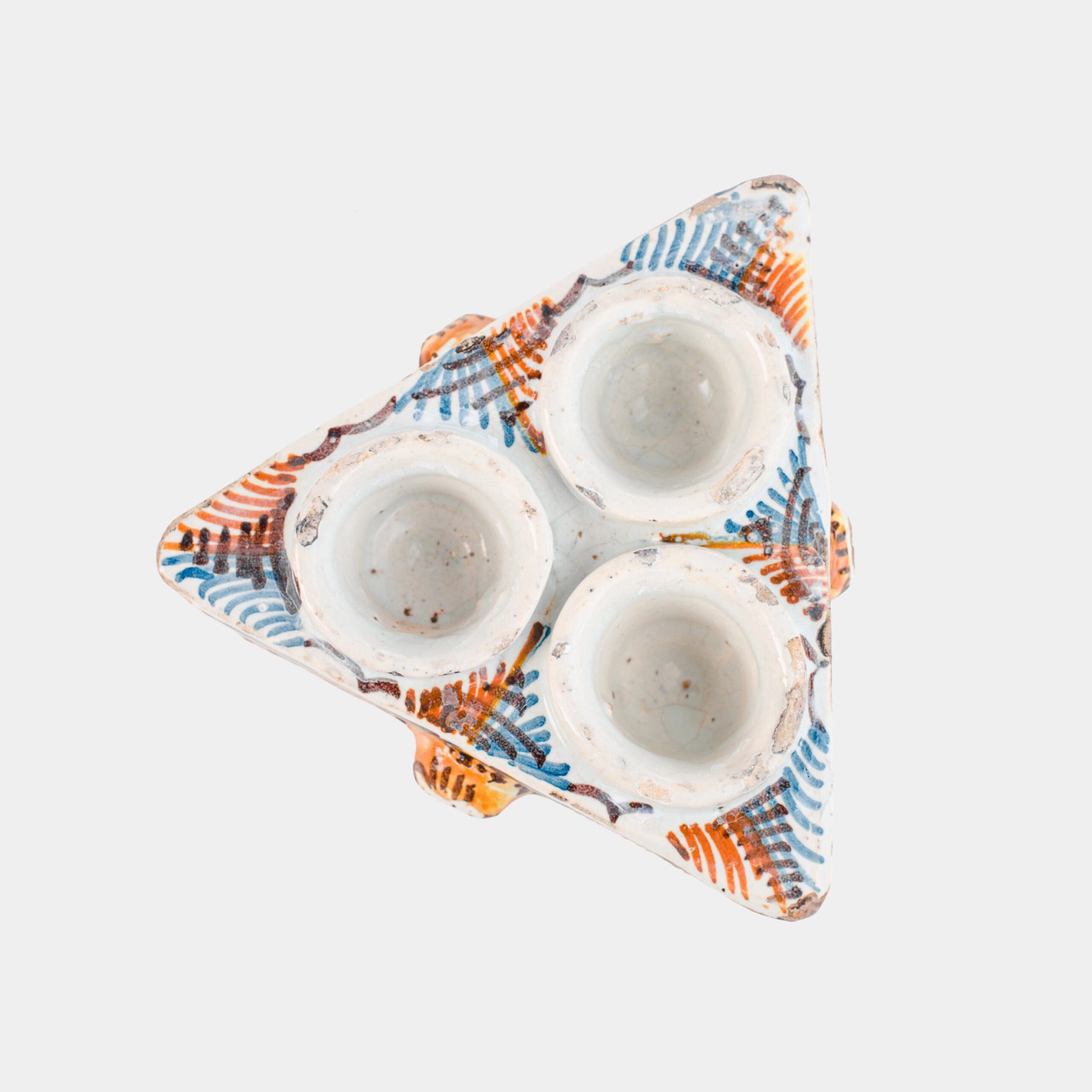 Antique Talavera ceramic triangular spice holder 17th century (1600-1650) Talavera de la Reina Spain hand painted blue ochre manganese