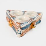 Antique Talavera ceramic triangular spice holder 17th century (1600-1650) Talavera de la Reina Spain hand painted blue ochre manganese