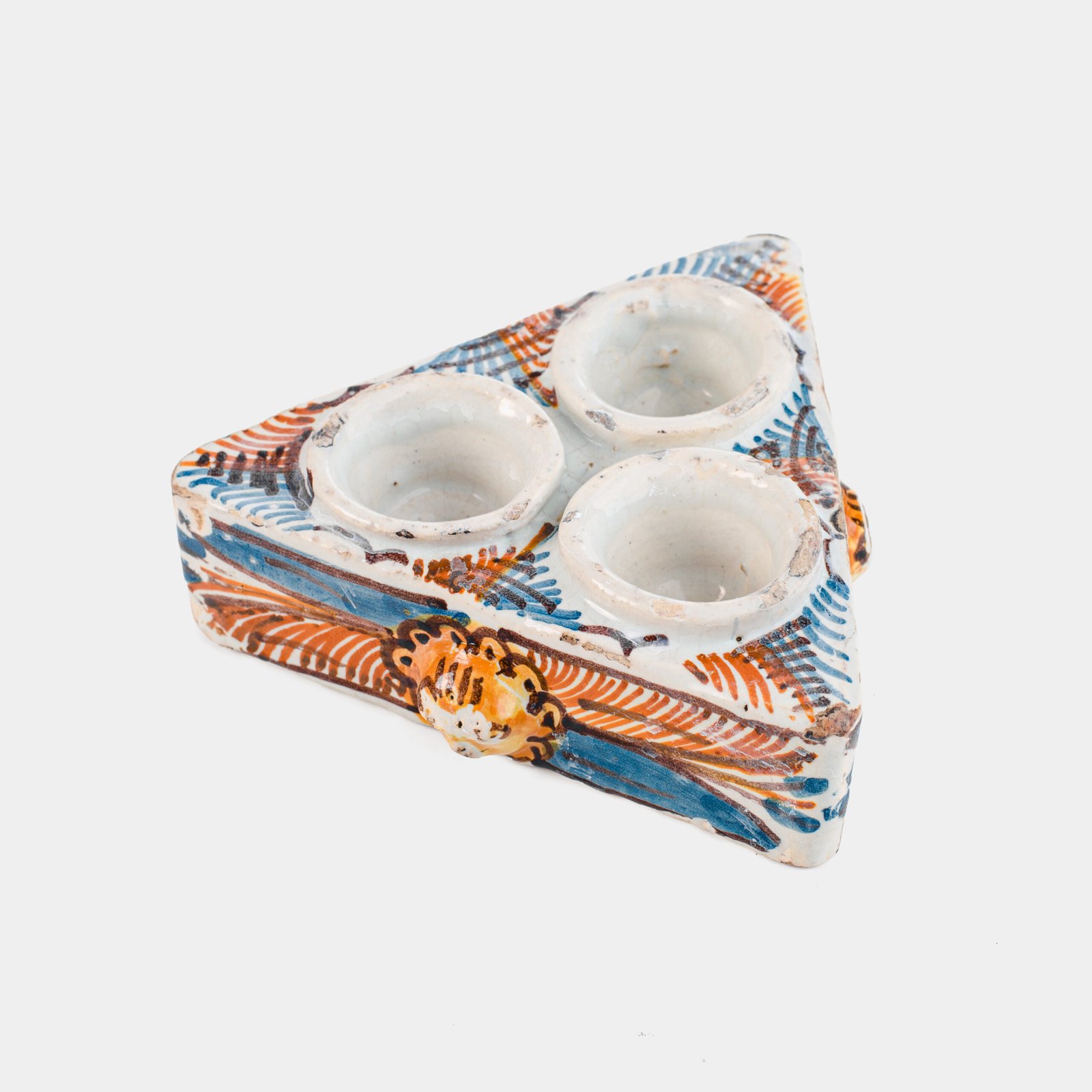 Antique Talavera ceramic triangular spice holder 17th century (1600-1650) Talavera de la Reina Spain hand painted blue ochre manganese