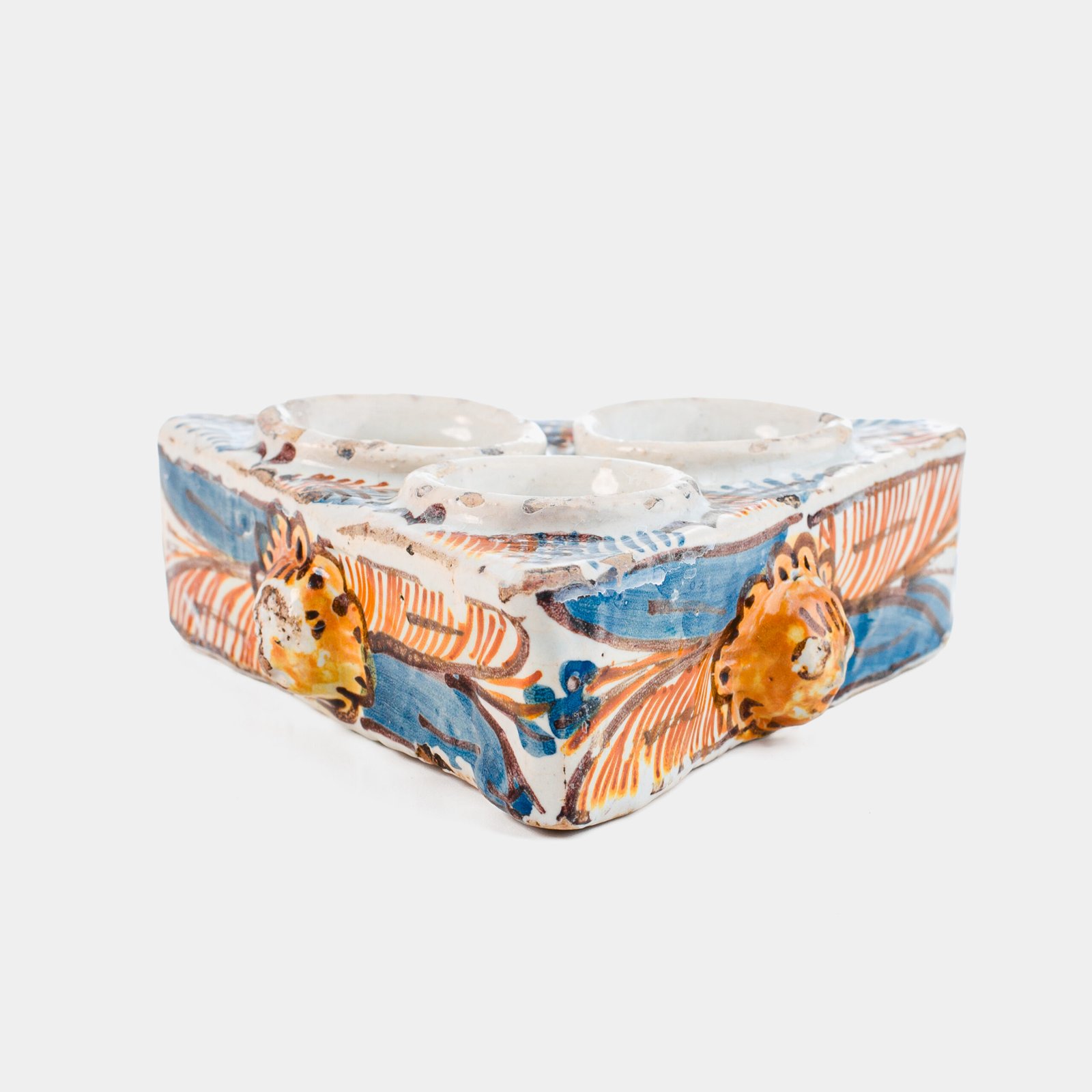 Antique Talavera ceramic triangular spice holder 17th century (1600-1650) Talavera de la Reina Spain hand painted blue ochre manganese