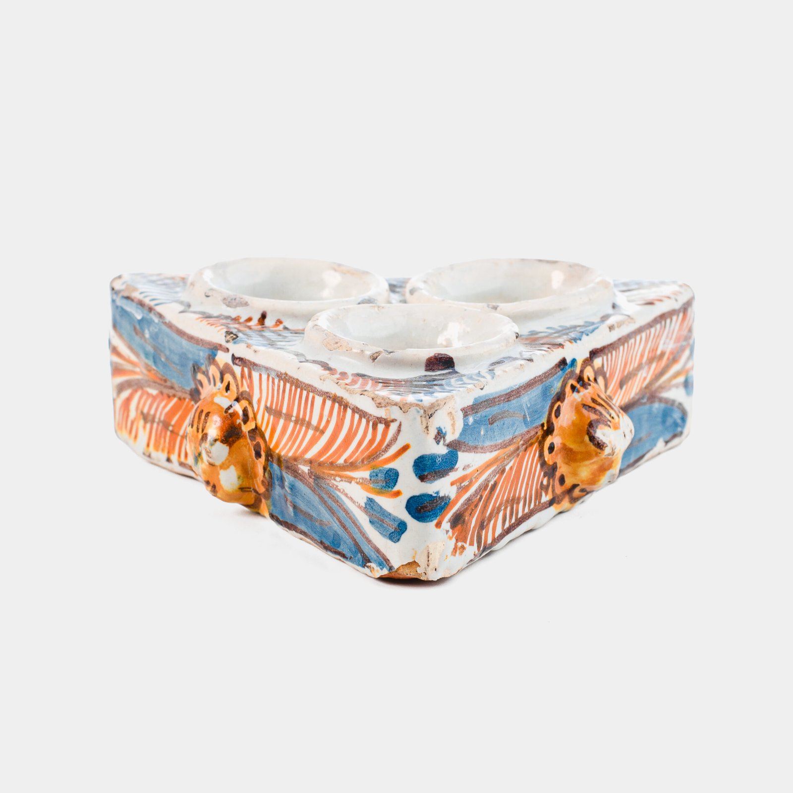 Antique Talavera ceramic triangular spice holder 17th century (1600-1650) Talavera de la Reina Spain hand painted blue ochre manganese