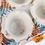 Antique Talavera ceramic triangular spice holder 17th century (1600-1650) Talavera de la Reina Spain hand painted blue ochre manganese