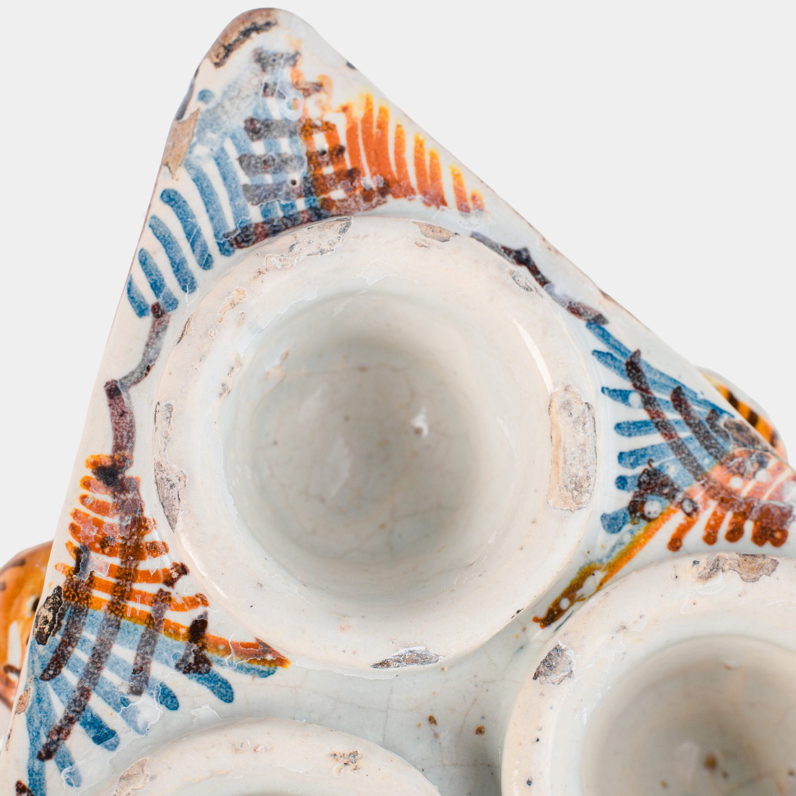 Antique Talavera ceramic triangular spice holder 17th century (1600-1650) Talavera de la Reina Spain hand painted blue ochre manganese