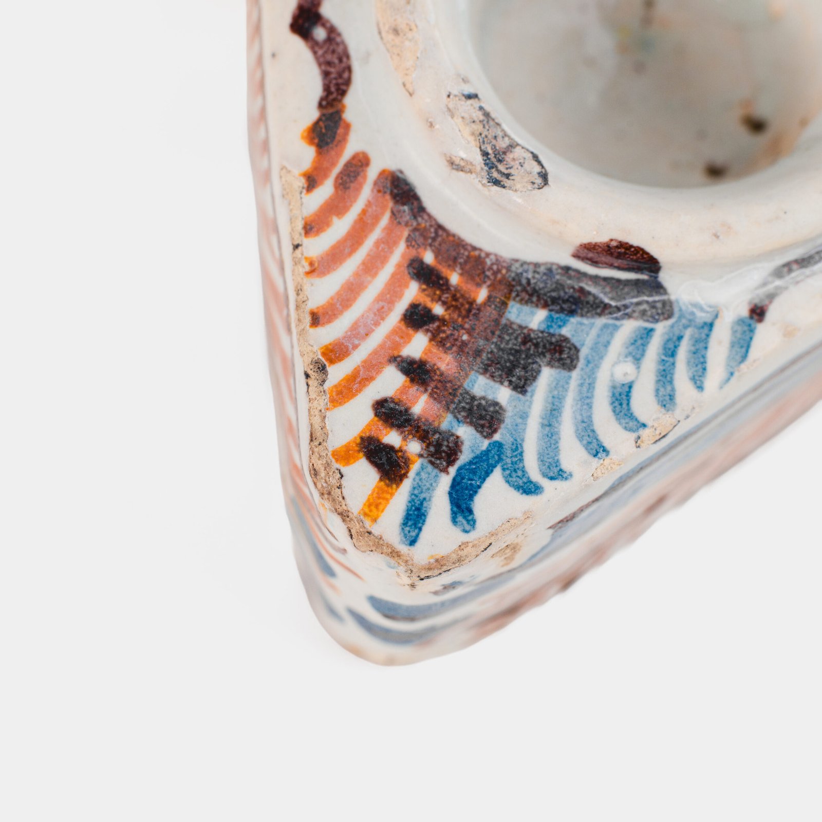 Antique Talavera ceramic triangular spice holder 17th century (1600-1650) Talavera de la Reina Spain hand painted blue ochre manganese