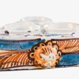 Antique Talavera ceramic triangular spice holder 17th century (1600-1650) Talavera de la Reina Spain hand painted blue ochre manganese