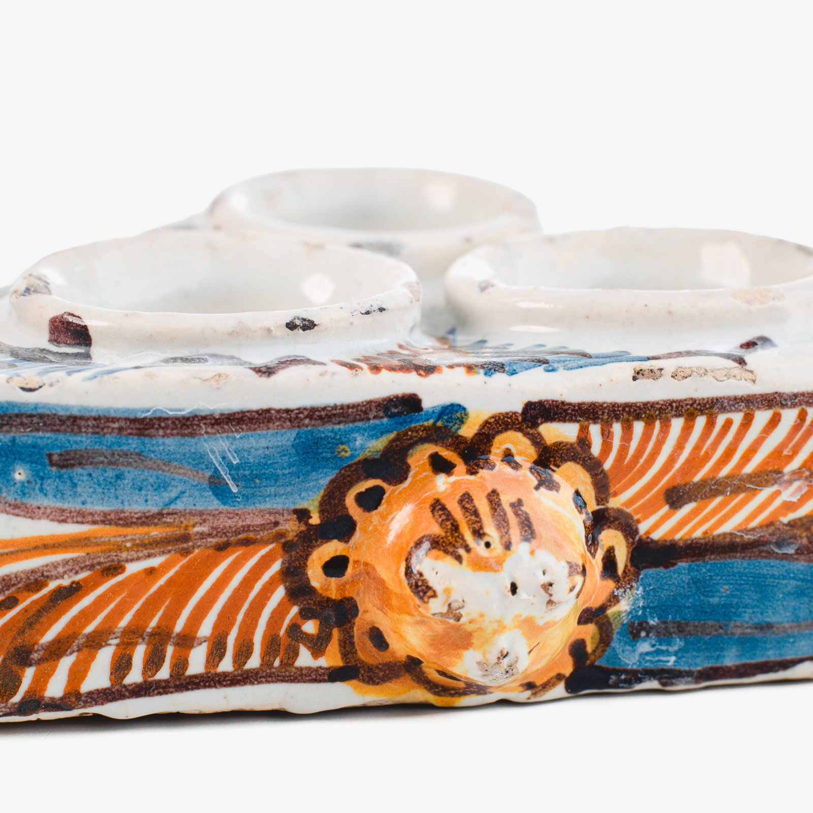 Antique Talavera ceramic triangular spice holder 17th century (1600-1650) Talavera de la Reina Spain hand painted blue ochre manganese