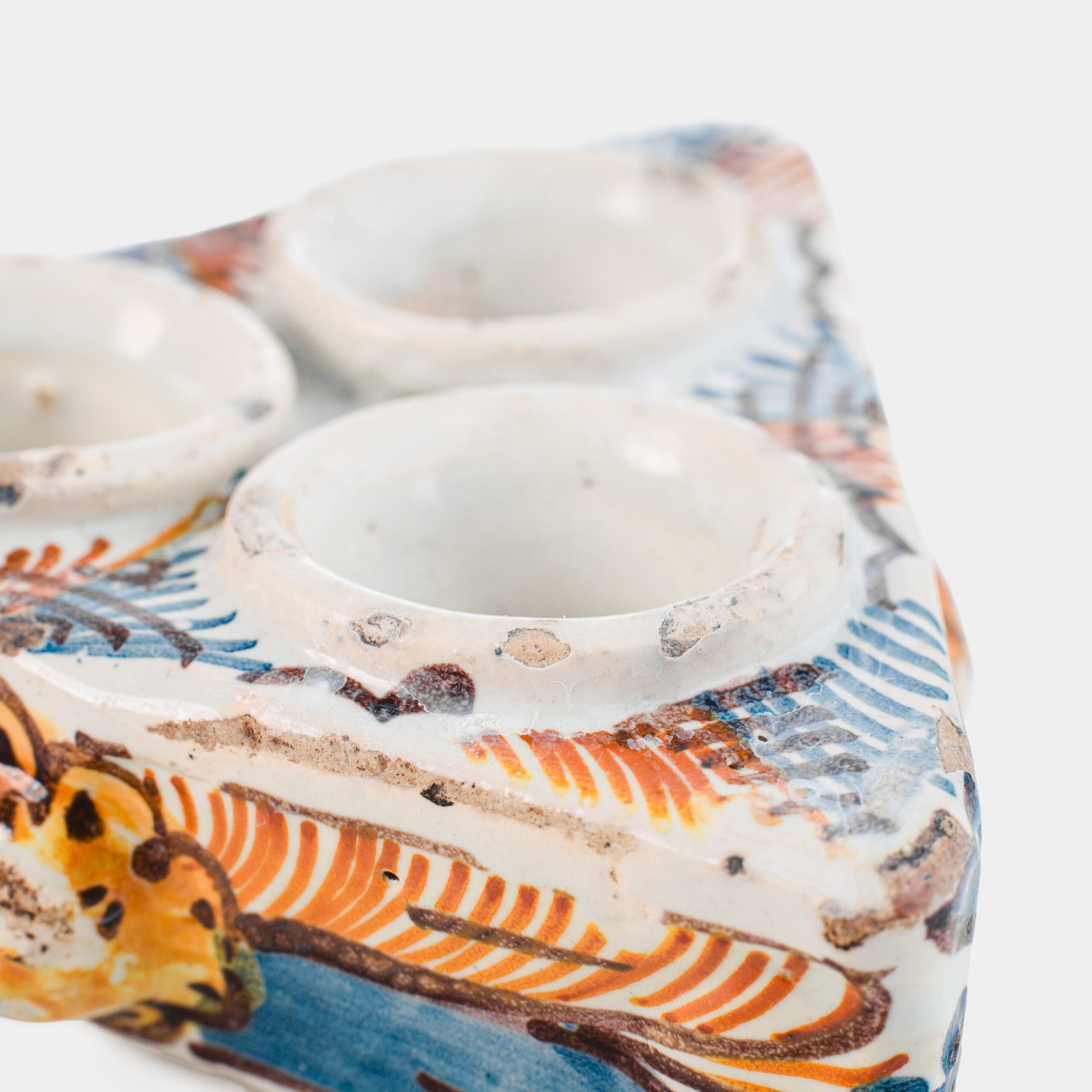 Antique Talavera ceramic triangular spice holder 17th century (1600-1650) Talavera de la Reina Spain hand painted blue ochre manganese