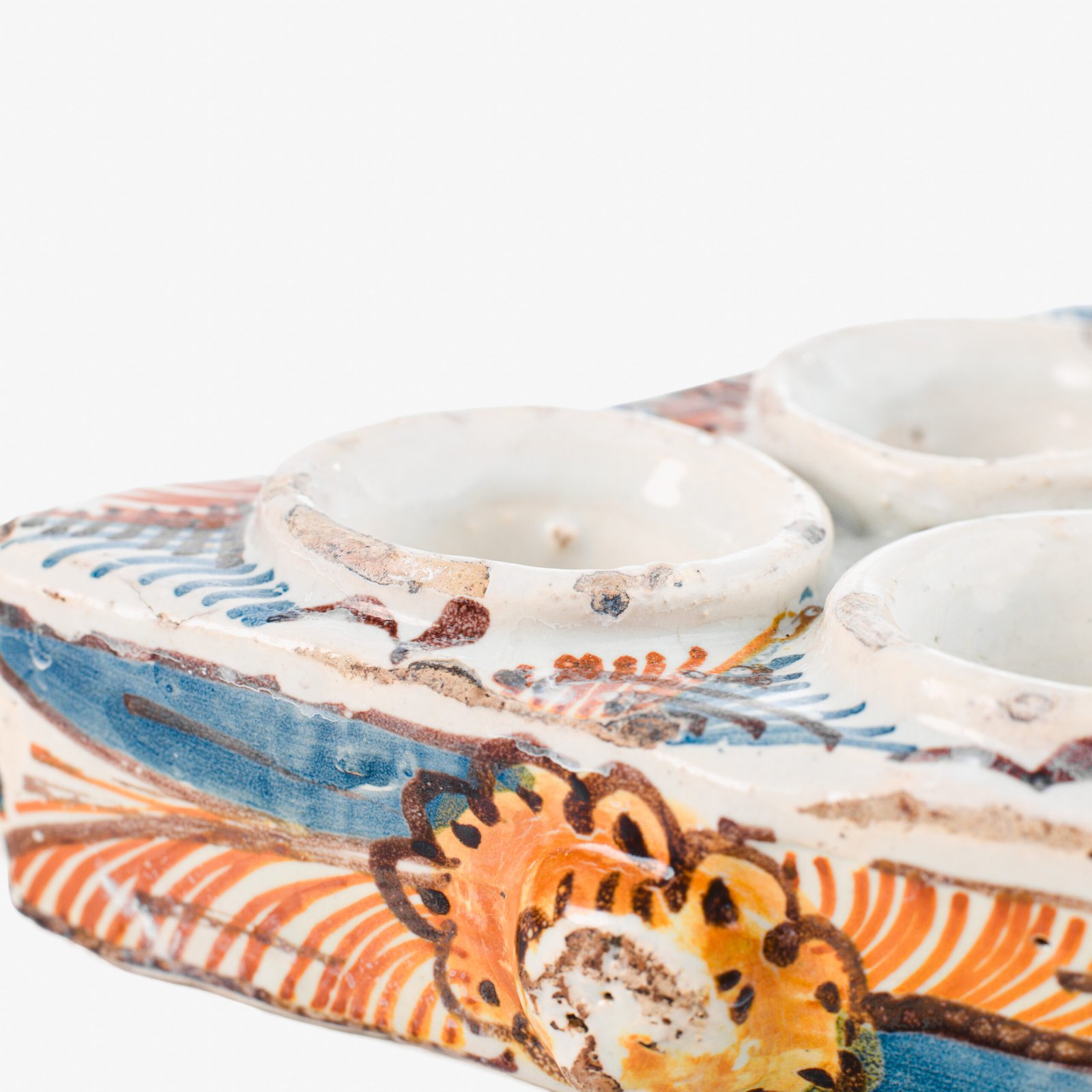 Antique Talavera ceramic triangular spice holder 17th century (1600-1650) Talavera de la Reina Spain hand painted blue ochre manganese