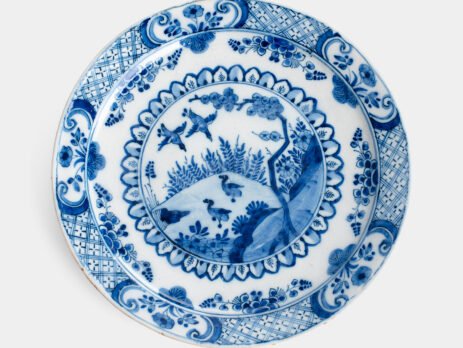 Antique delft plate 18th century chinoiserie birds De Witte Ster Cornelis Brouwer (c. 1724–1738) blue white Delft ceramic