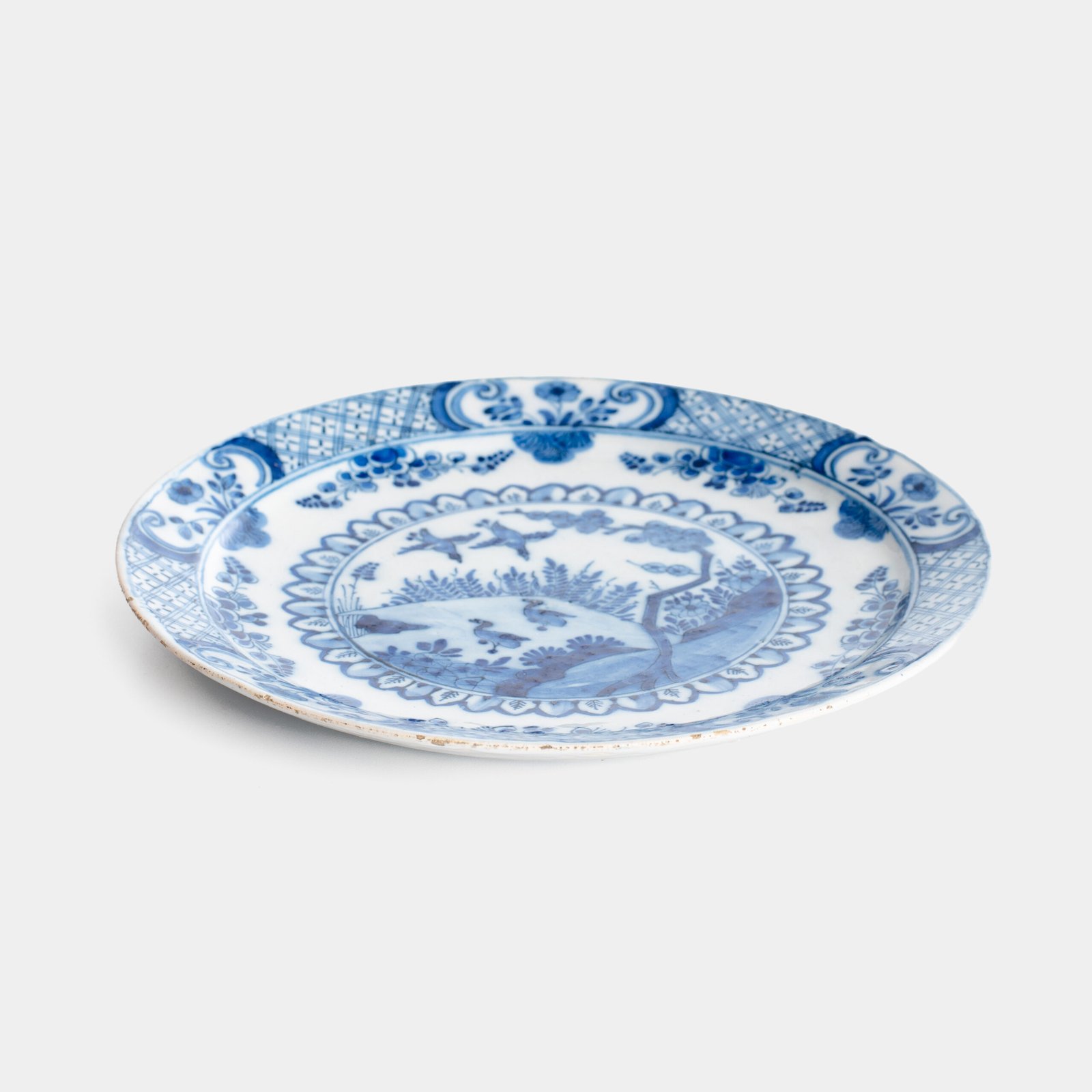 Antique delft plate 18th century chinoiserie birds De Witte Ster Cornelis Brouwer (c. 1724–1738) blue white Delft ceramic
