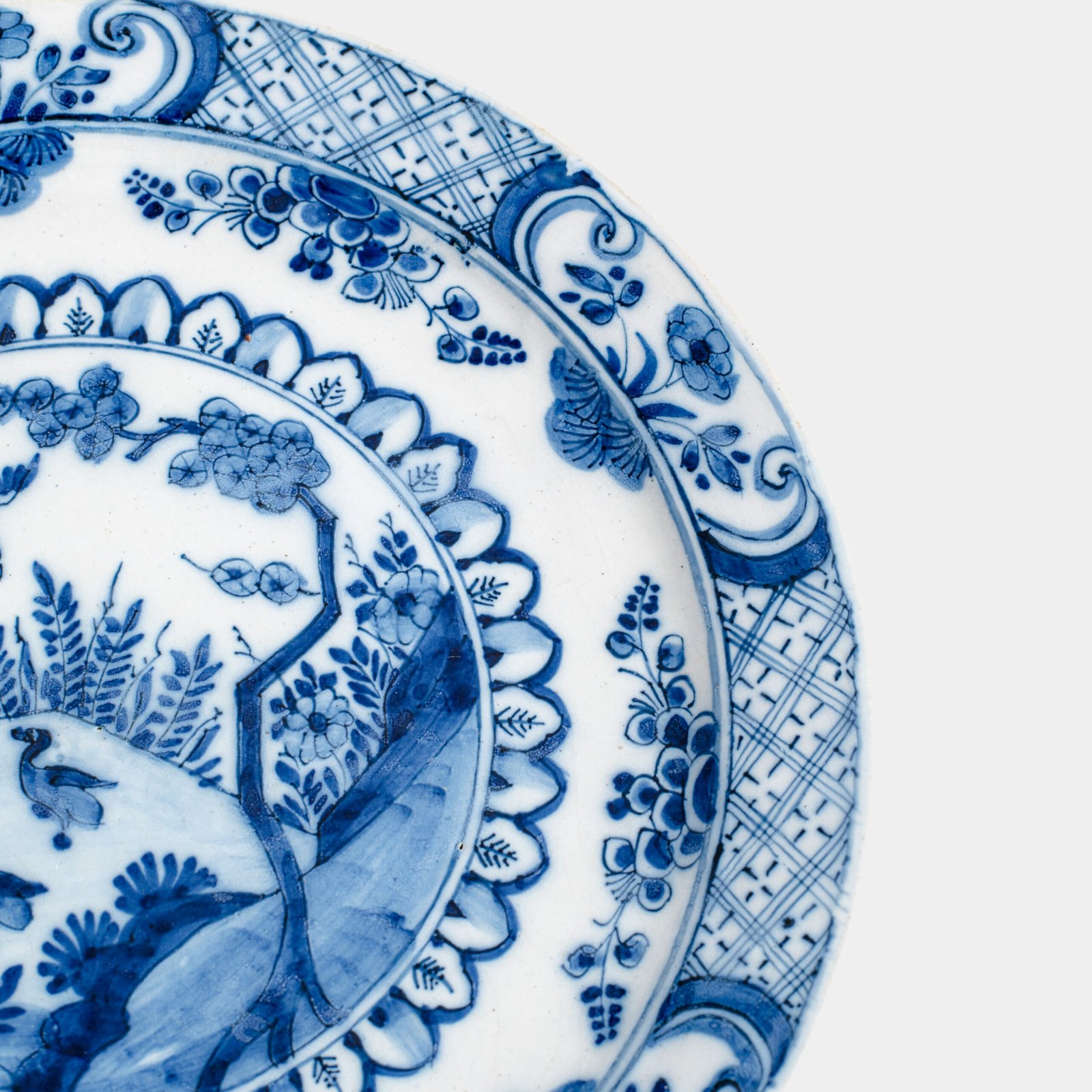 Antique delft plate 18th century chinoiserie birds De Witte Ster Cornelis Brouwer (c. 1724–1738) blue white Delft ceramic