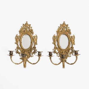 French Girandole Sconces gilt bronze wall sconces beveled mirrors Rococo Revival cherubs female mascarons 19th century