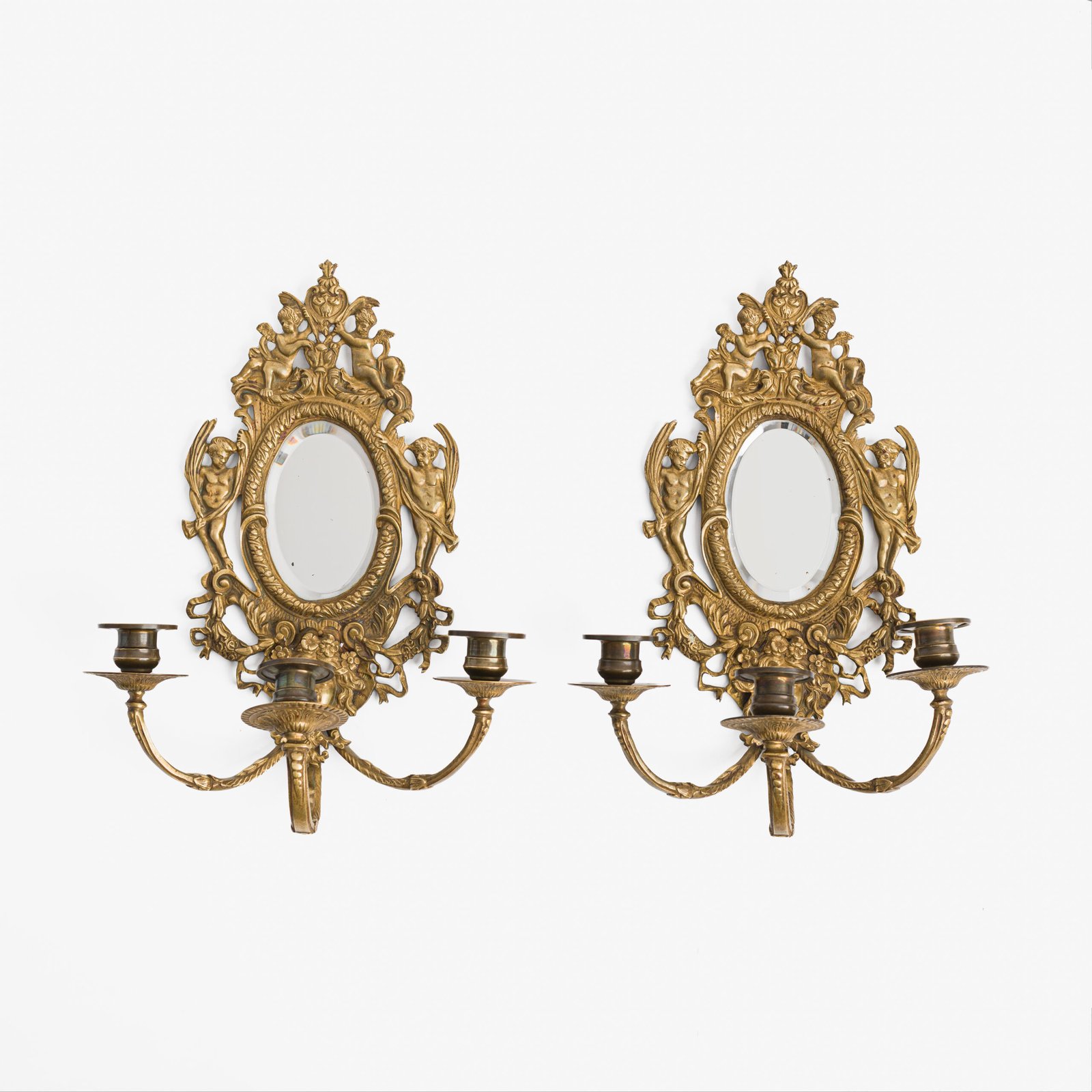 French Girandole Sconces gilt bronze wall sconces beveled mirrors Rococo Revival cherubs female mascarons 19th century