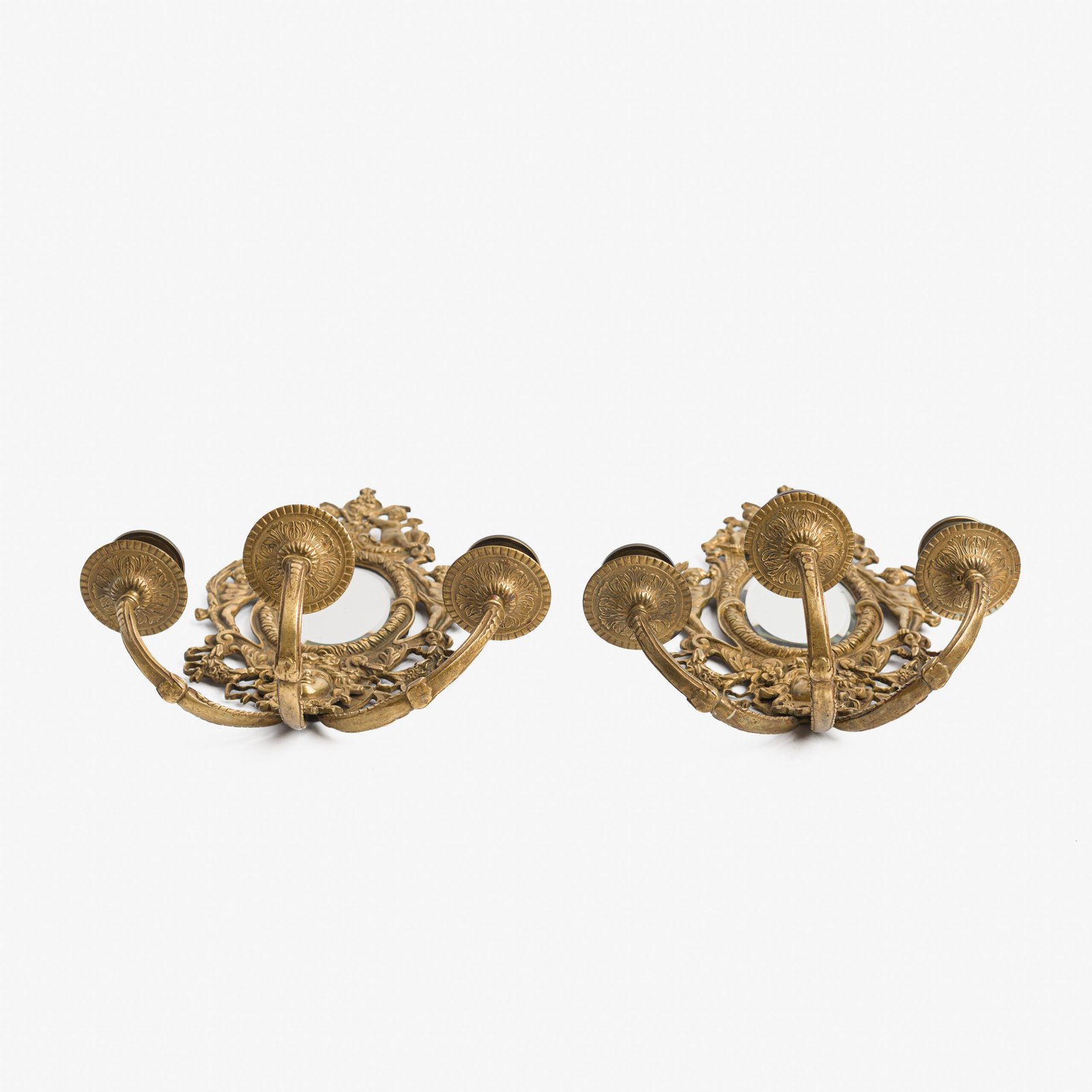 French Girandole Sconces gilt bronze wall sconces beveled mirrors Rococo Revival cherubs female mascarons 19th century