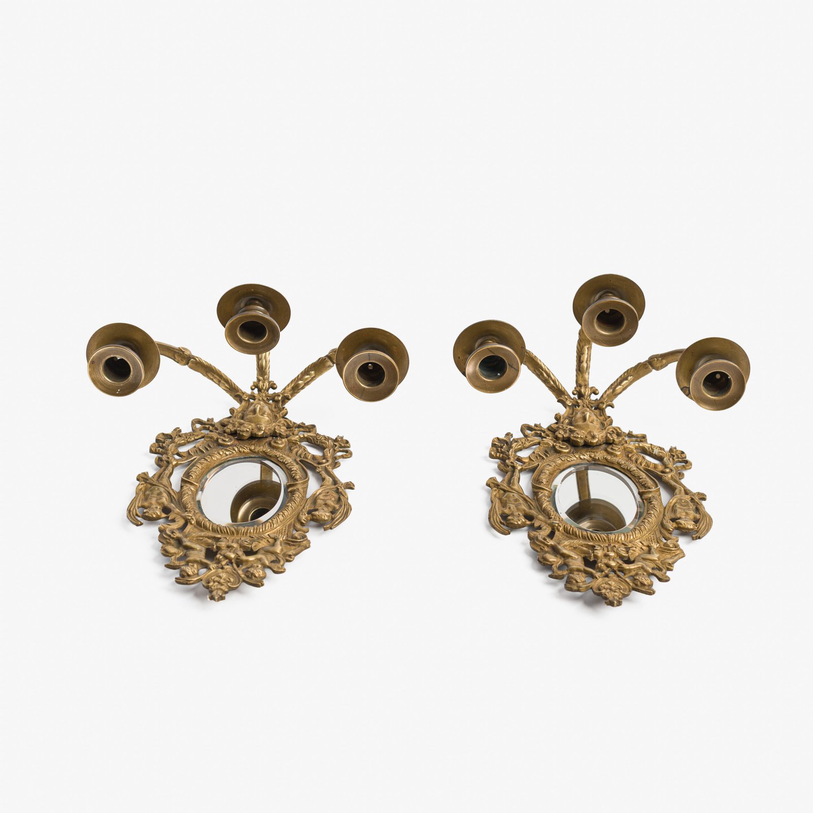 French Girandole Sconces gilt bronze wall sconces beveled mirrors Rococo Revival cherubs female mascarons 19th century