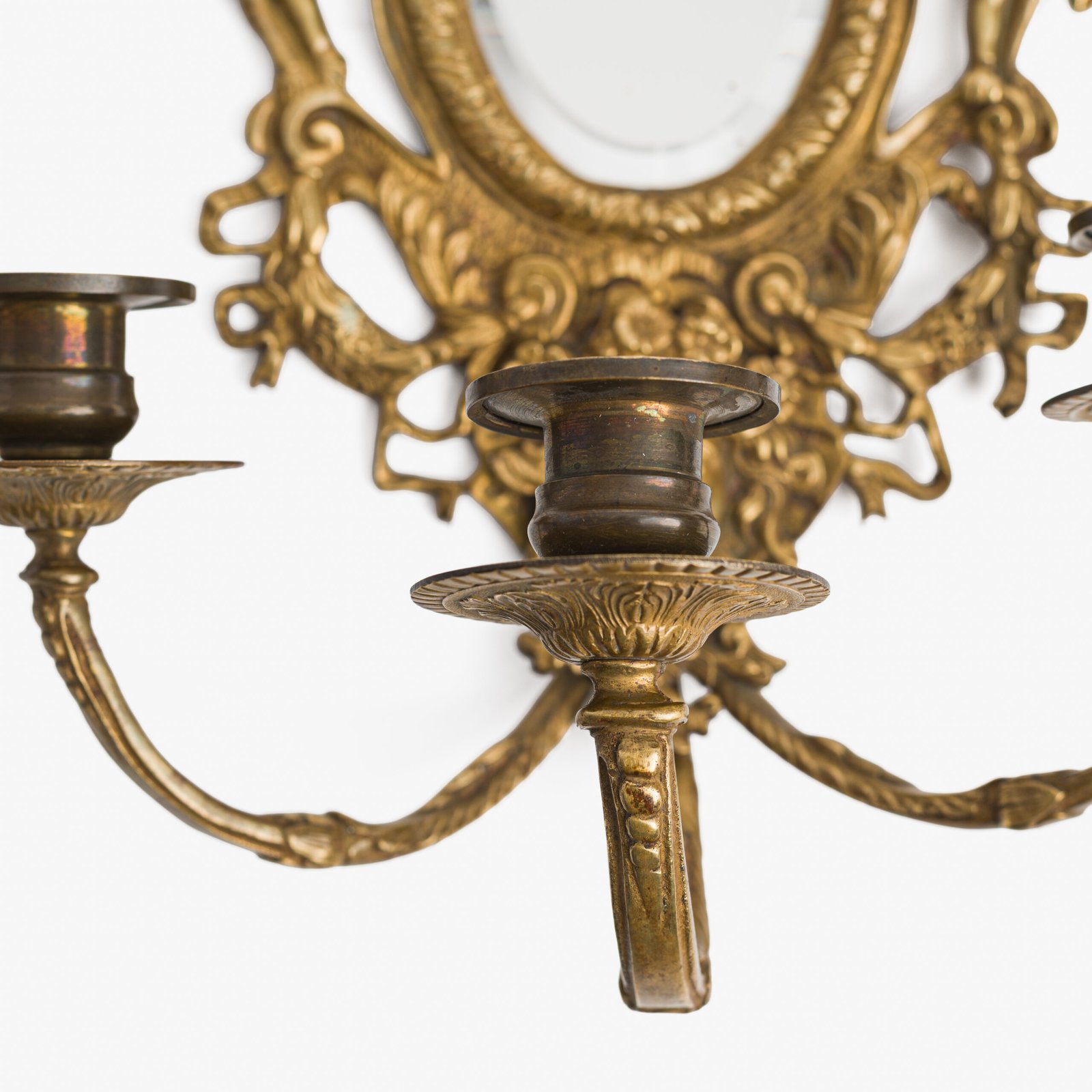 French Girandole Sconces gilt bronze wall sconces beveled mirrors Rococo Revival cherubs female mascarons 19th century