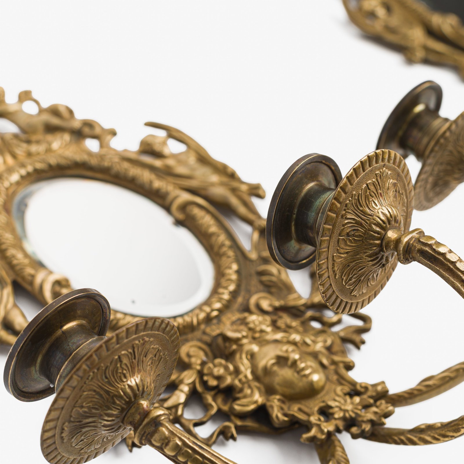 French Girandole Sconces gilt bronze wall sconces beveled mirrors Rococo Revival cherubs female mascarons 19th century