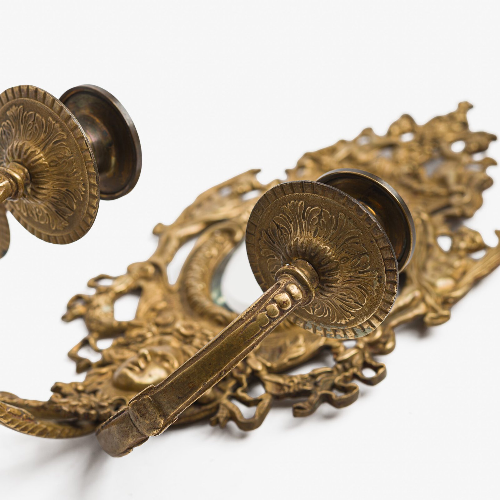 French Girandole Sconces gilt bronze wall sconces beveled mirrors Rococo Revival cherubs female mascarons 19th century