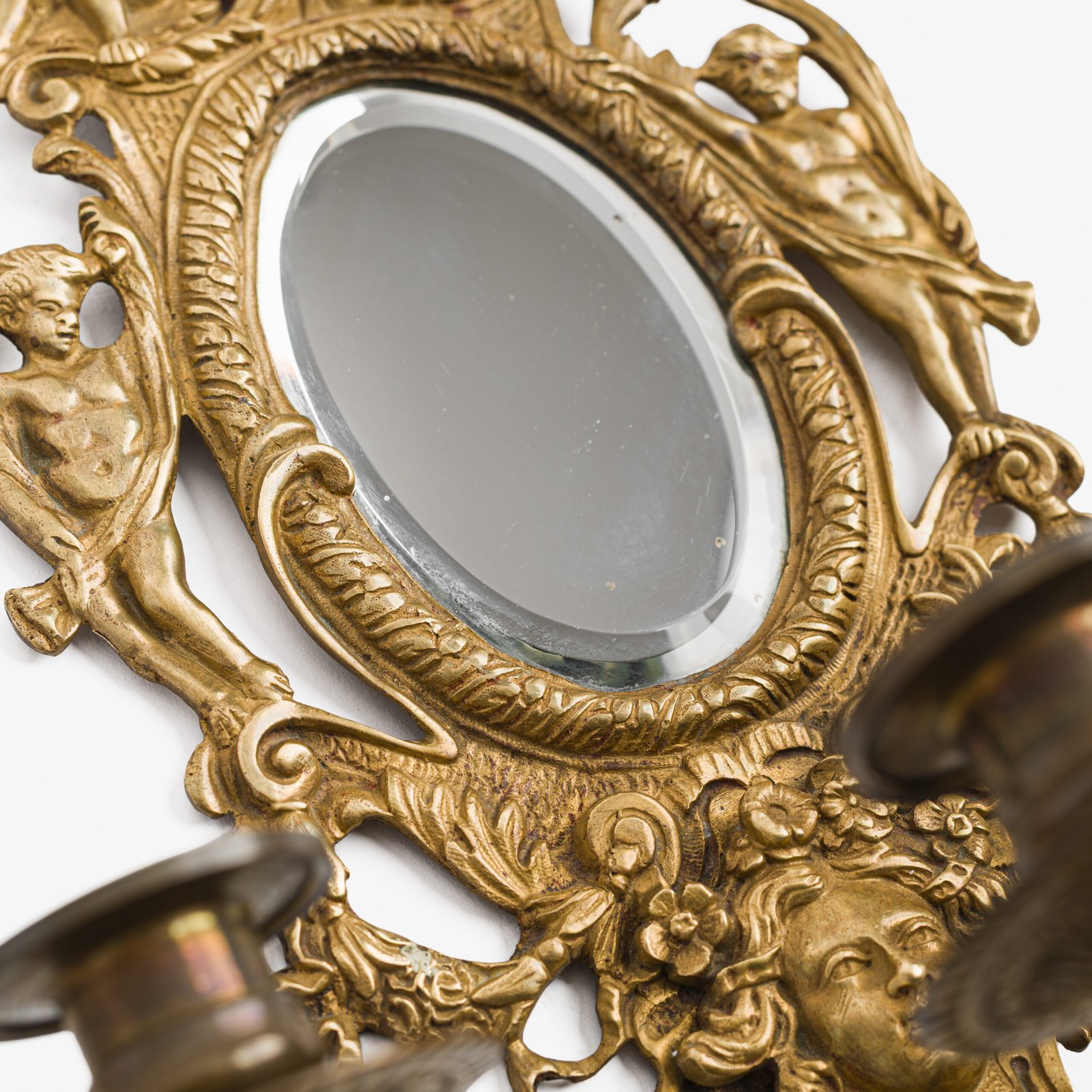 French Girandole Sconces gilt bronze wall sconces beveled mirrors Rococo Revival cherubs female mascarons 19th century