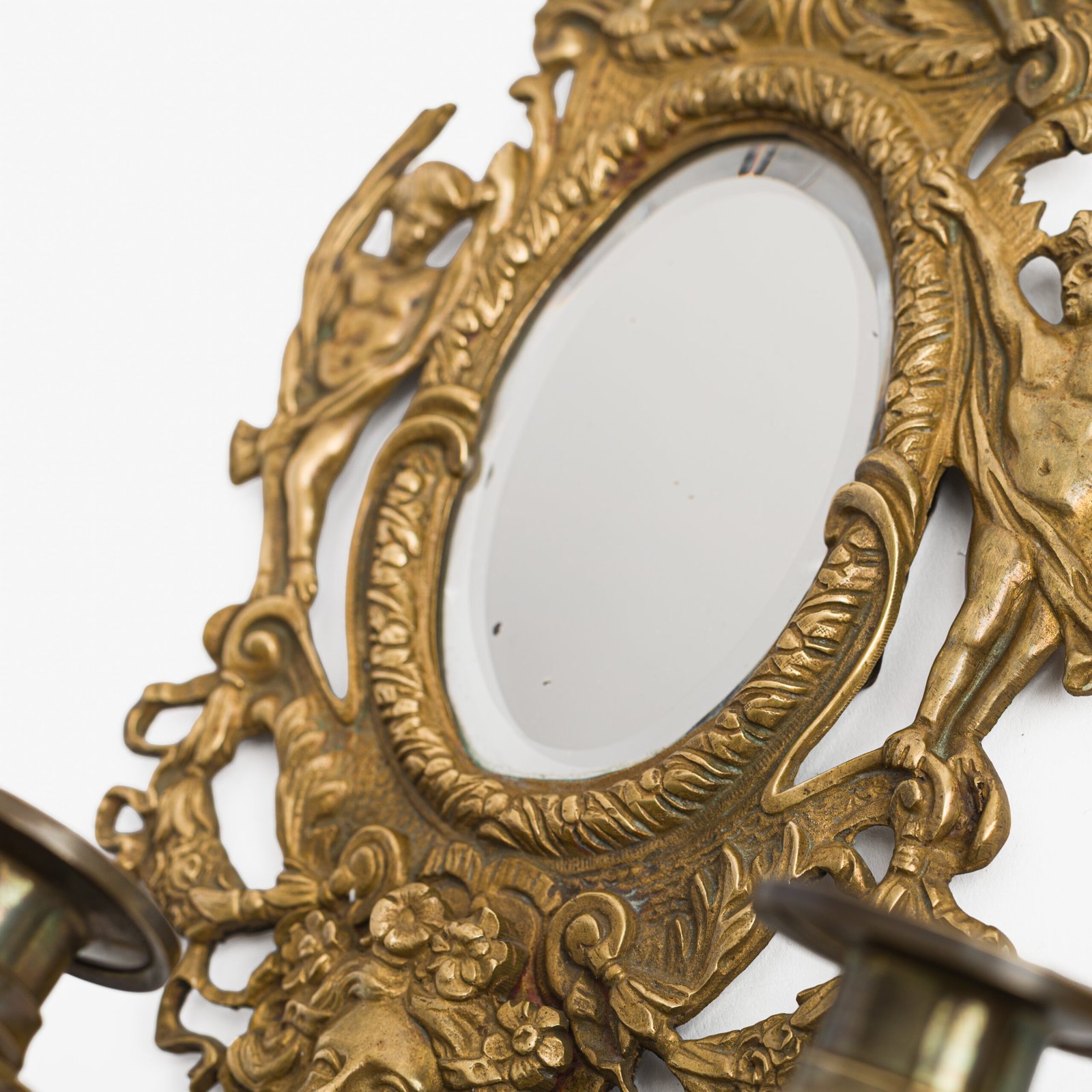 French Girandole Sconces gilt bronze wall sconces beveled mirrors Rococo Revival cherubs female mascarons 19th century