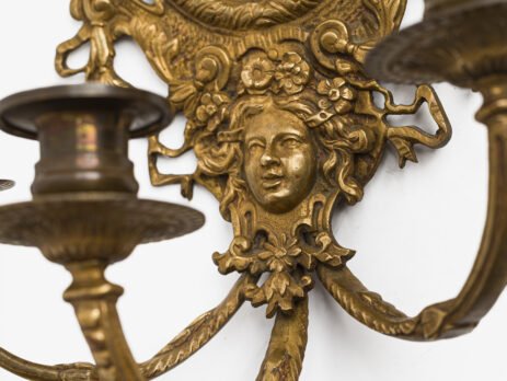 French Girandole Sconces gilt bronze wall sconces beveled mirrors Rococo Revival cherubs female mascarons 19th century