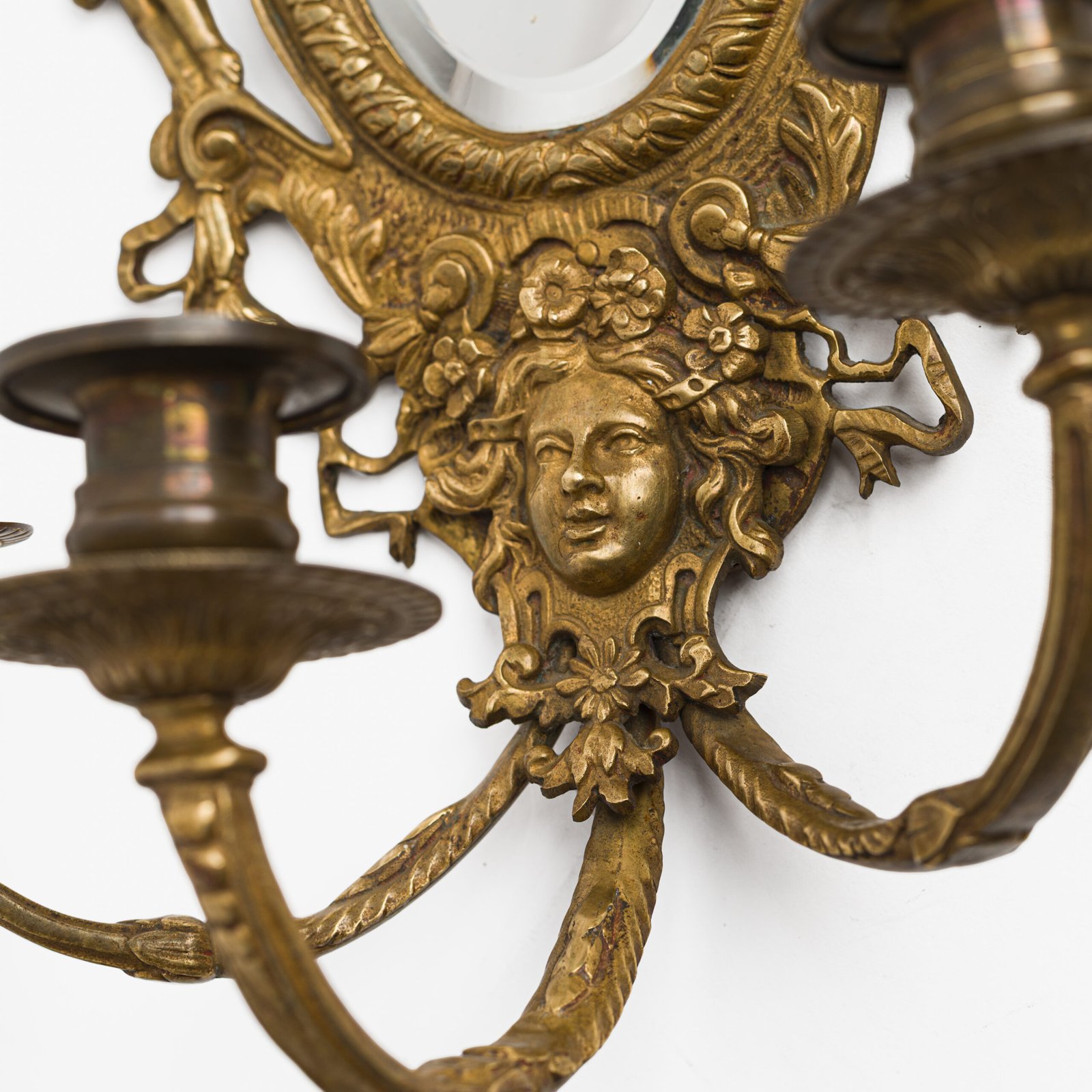 French Girandole Sconces gilt bronze wall sconces beveled mirrors Rococo Revival cherubs female mascarons 19th century