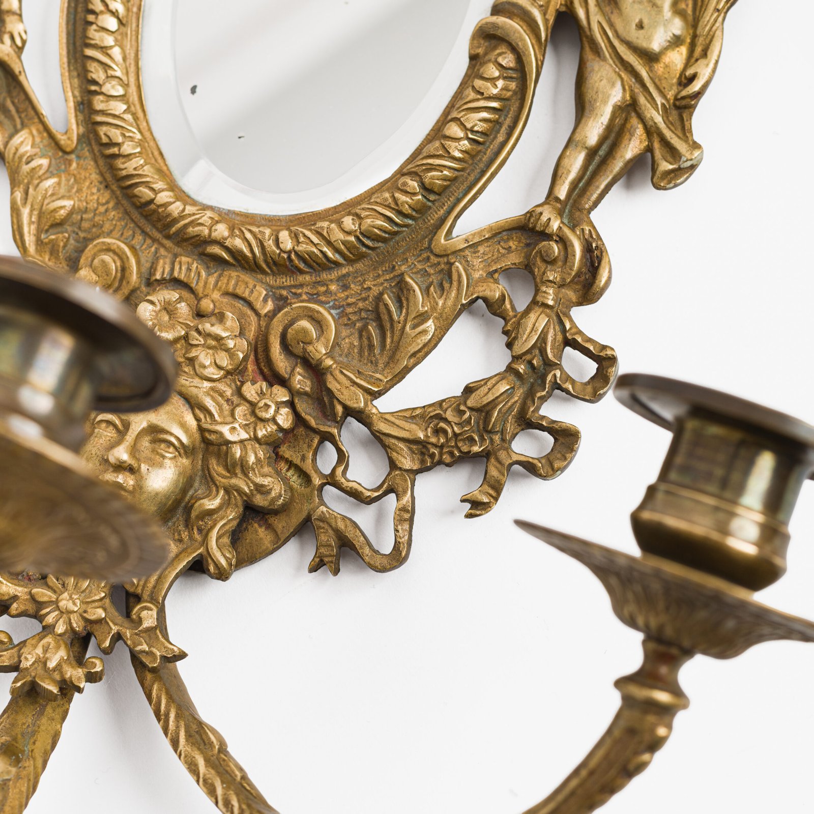 French Girandole Sconces gilt bronze wall sconces beveled mirrors Rococo Revival cherubs female mascarons 19th century
