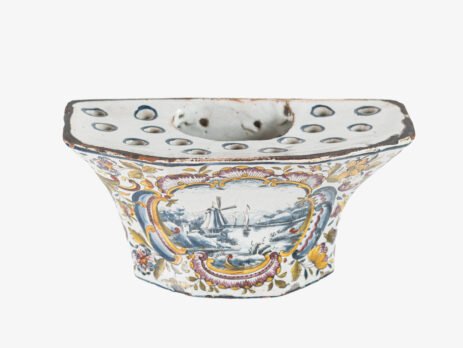 Antique Delft Wall Vase Bouquetière in Polychrome Faience with Dutch Windmill Scene, 18th Century Dutch Delftware.