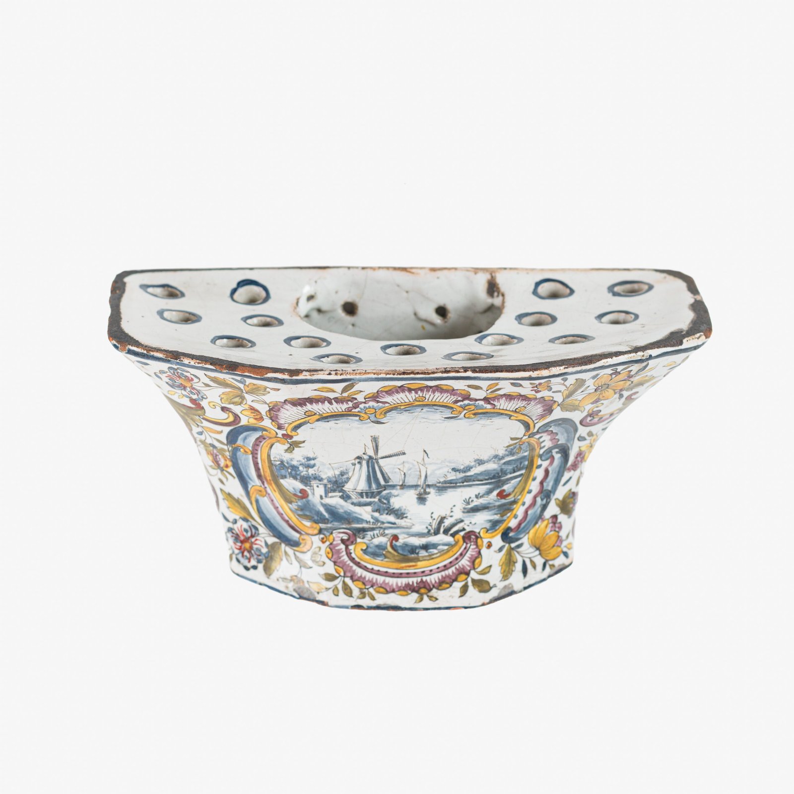 FOTOLATENT-FLORERO001-hd Antique Delft Wall Vase Bouquetière in Polychrome Faience with Dutch Windmill Scene, 18th Century Dutch Delftware.
