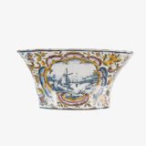 Antique Delft Wall Vase Bouquetière in Polychrome Faience with Dutch Windmill Scene, 18th Century Dutch Delftware.
