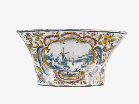 Antique Delft Wall Vase Bouquetière in Polychrome Faience with Dutch Windmill Scene, 18th Century Dutch Delftware.