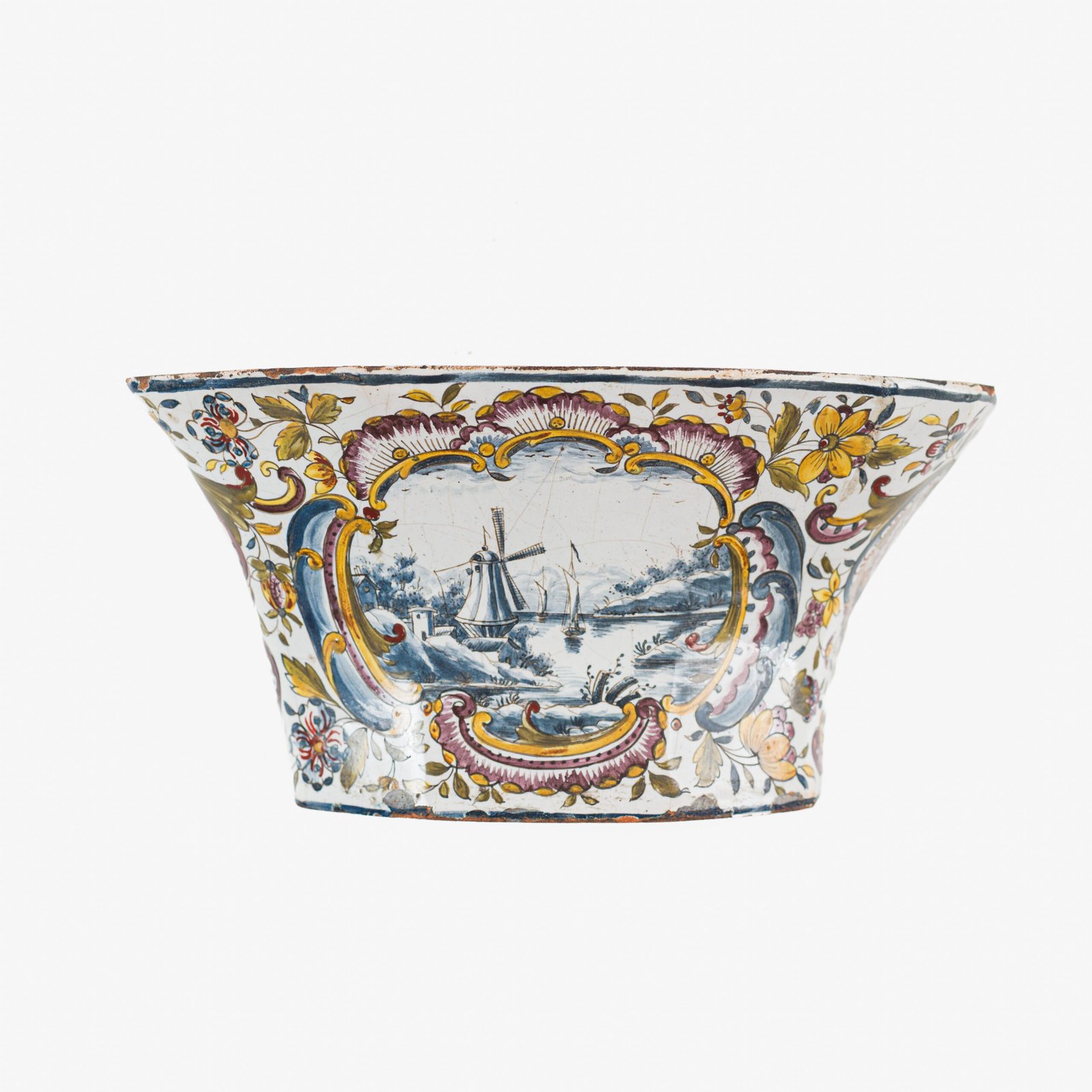 Antique Delft Wall Vase Bouquetière in Polychrome Faience with Dutch Windmill Scene, 18th Century Dutch Delftware.