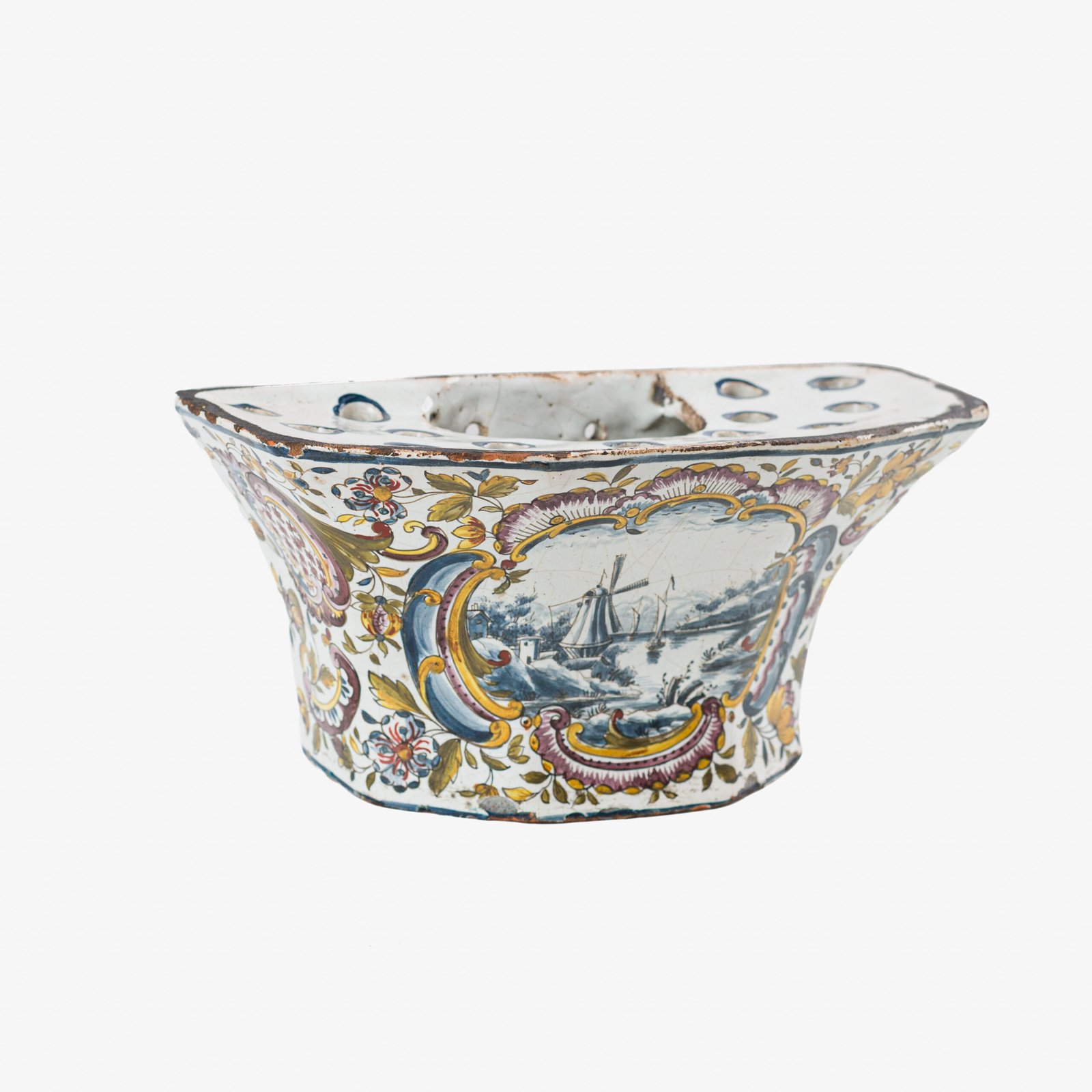 Antique Delft Wall Vase Bouquetière in Polychrome Faience with Dutch Windmill Scene, 18th Century Dutch Delftware.