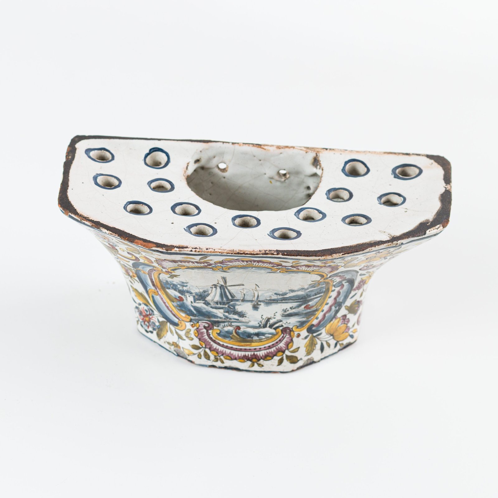 Antique Delft Wall Vase Bouquetière in Polychrome Faience with Dutch Windmill Scene, 18th Century Dutch Delftware.