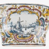 Antique Delft Wall Vase Bouquetière in Polychrome Faience with Dutch Windmill Scene, 18th Century Dutch Delftware.