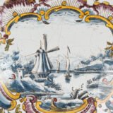 Antique Delft Wall Vase Bouquetière in Polychrome Faience with Dutch Windmill Scene, 18th Century Dutch Delftware.