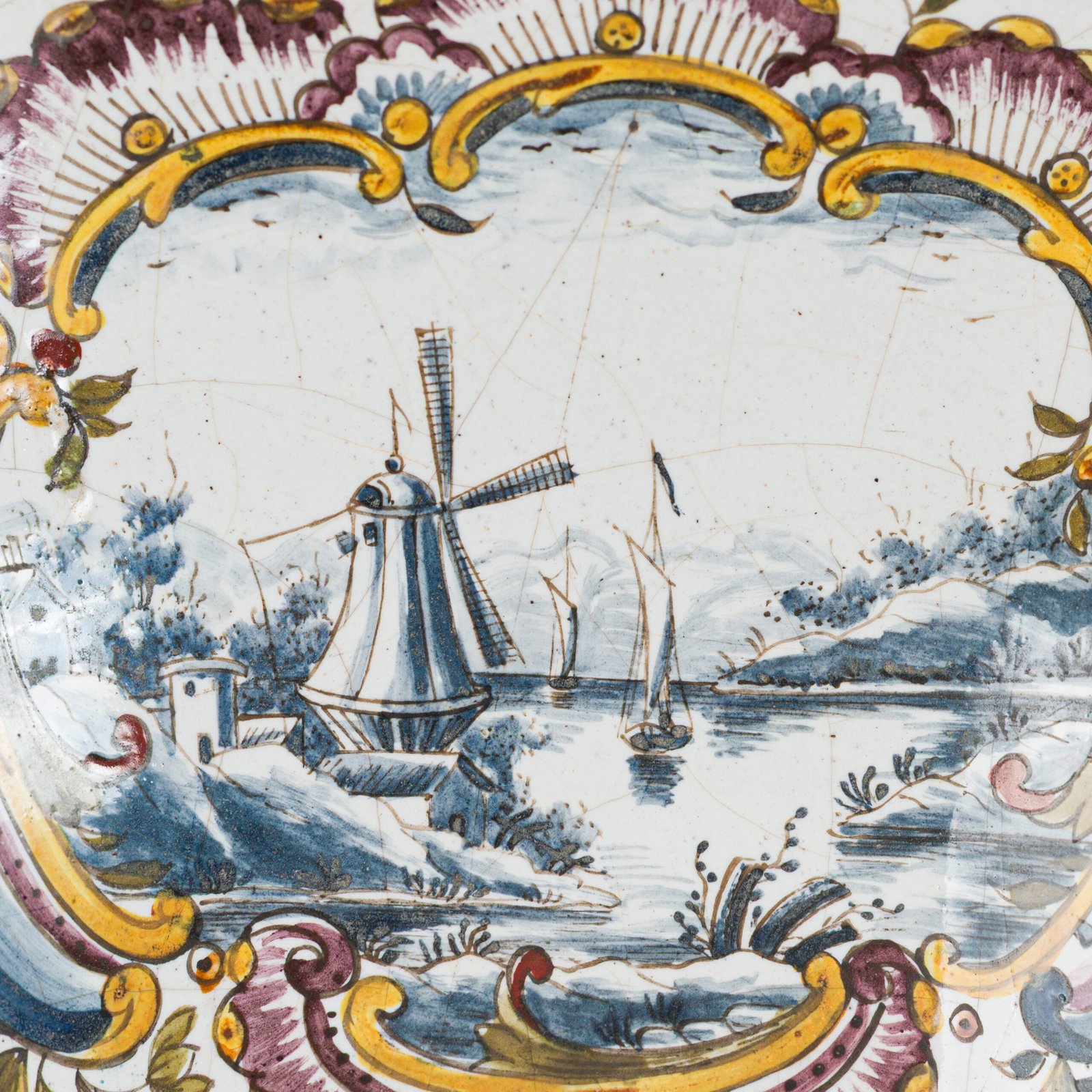 Antique Delft Wall Vase Bouquetière in Polychrome Faience with Dutch Windmill Scene, 18th Century Dutch Delftware.