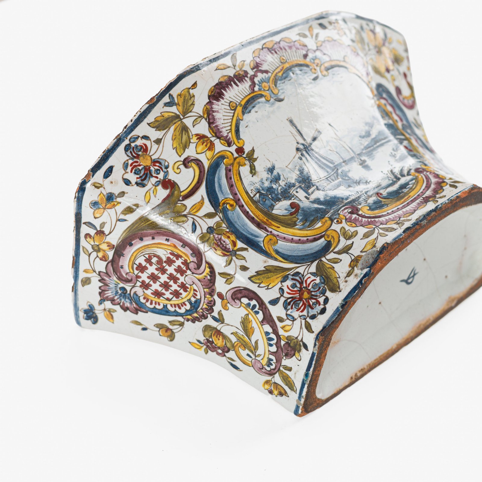 Antique Delft Wall Vase Bouquetière in Polychrome Faience with Dutch Windmill Scene, 18th Century Dutch Delftware.