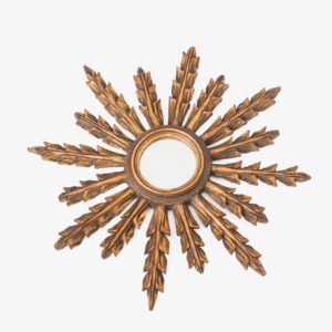Portuguese Gilt Sunburst Mirror, ca. 1930 – hand-carved wood with water gilding in gold leaf, authentic patina and Portuguese Art Deco craftsmanship, piece available at Strana & Antic.
