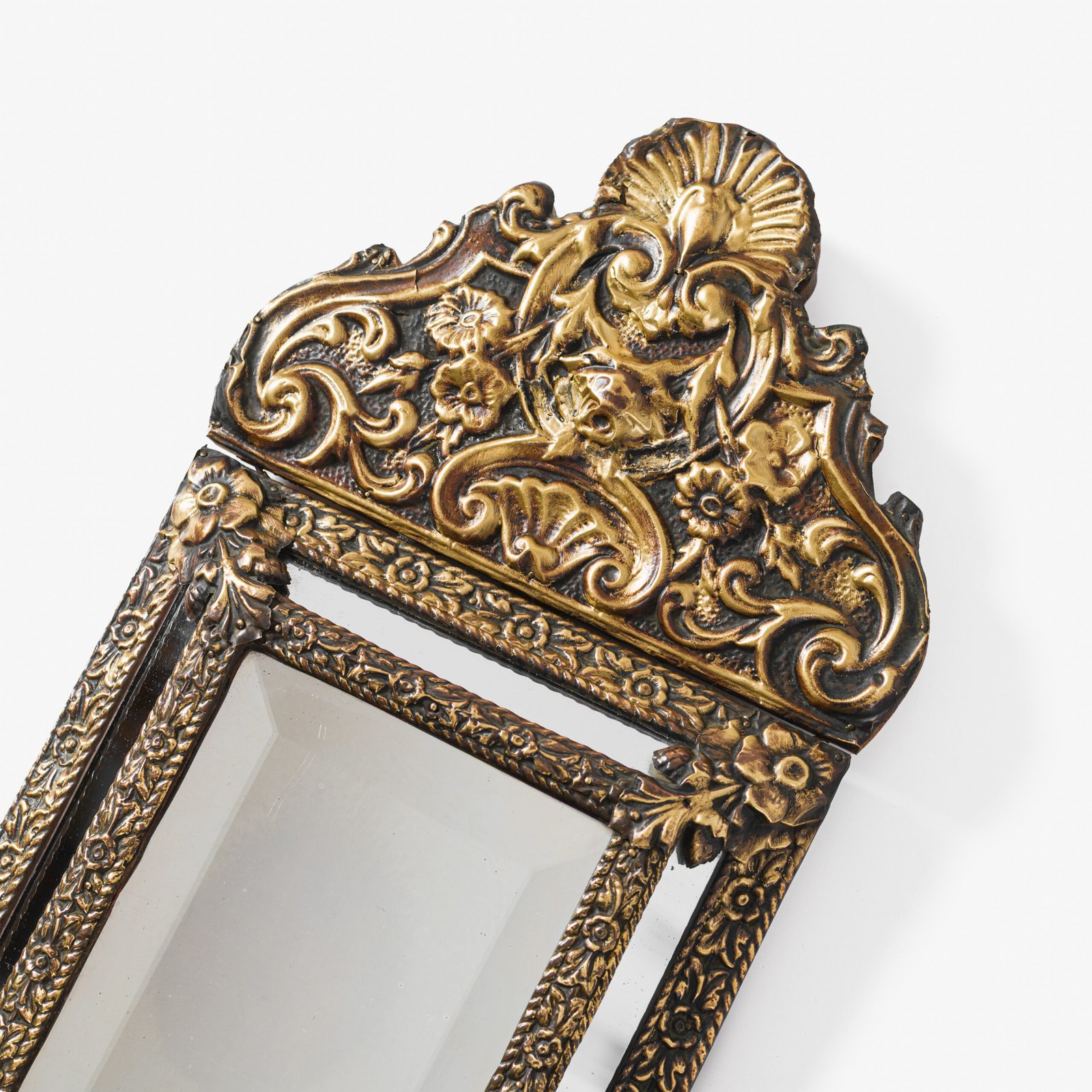 Antique Dutch Brass Mirror in Repousse Brass with Original Beveled Glass, Dutch Wall Mirror, Netherlands c. 1890–1920, Rococo Revival Decor.