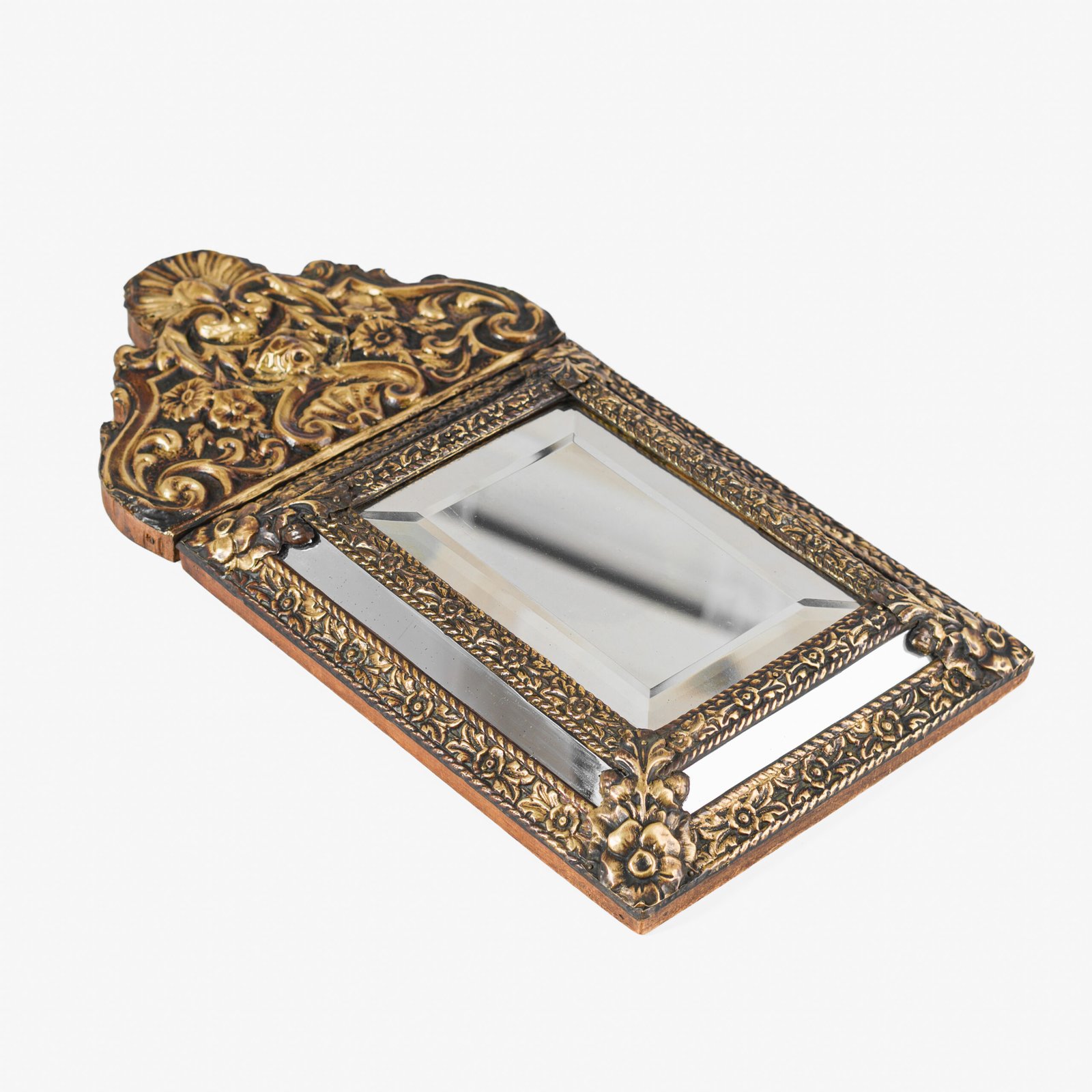 Antique Dutch Brass Mirror in Repousse Brass with Original Beveled Glass, Dutch Wall Mirror, Netherlands c. 1890–1920, Rococo Revival Decor.